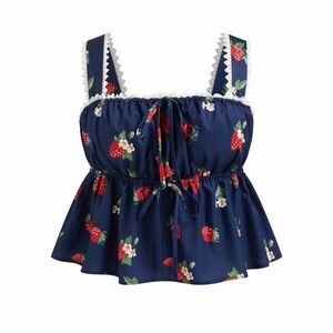 Cider Square Neck Strawberry Tie Front Lace Trim Cami Blouse in Navy